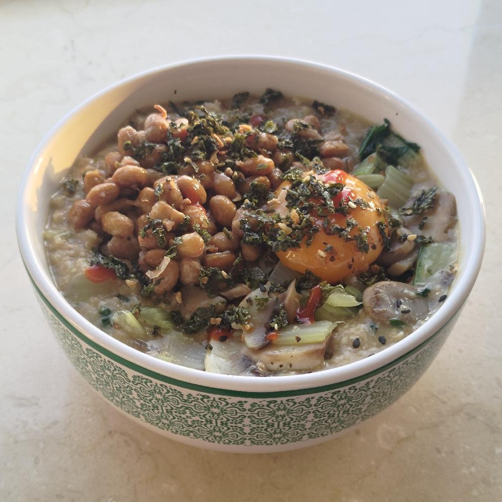 with mushroom, greens, natto, egg, furikake picture of oatmeal